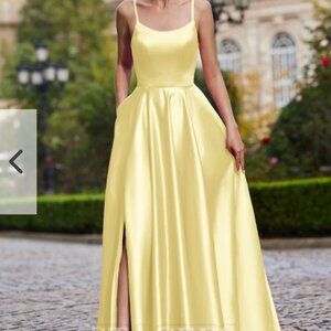 A-line Square Neckline Sleeveless Floor-Length Satin Prom Dress w Pockets Split